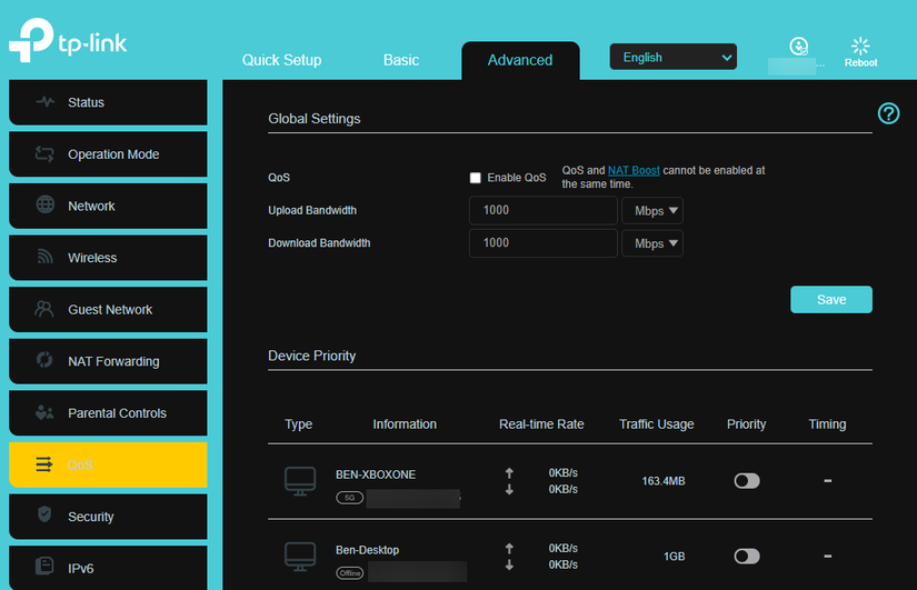 Tweaking the QoS settings in the TP-Link router settings.