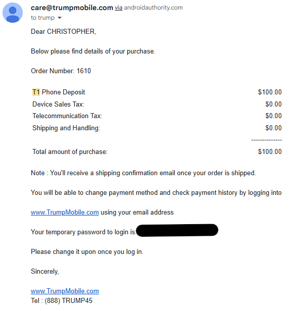 Trump Phone T1 Receipt for Pre Order