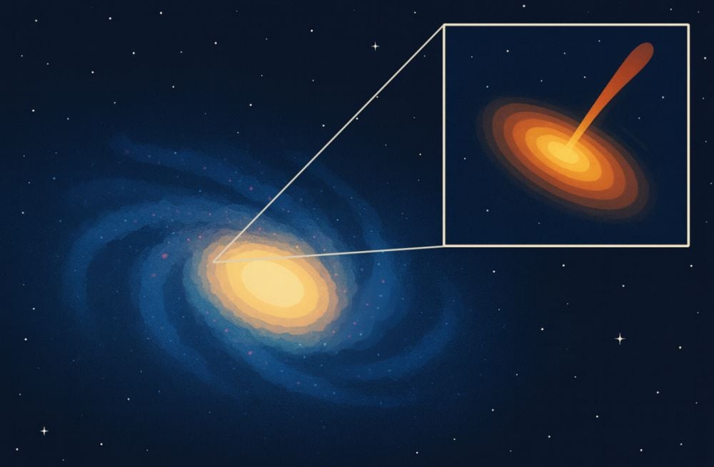An international team of astronomers has found a black hole in an unusual location. While massive black holes are typically located in the centers of galaxies, this one is offset from its dwarf galaxy's nucleus by almost one kiloparsec, or more than about 3,200 light years. It's not the only one, suggesting that black holes can accrete gas and become more massive regardless of being in the galactic center. Image Credit: Artistic illustration (Image generated by ChatGPT). Credit: Chinese Academy of Sciences