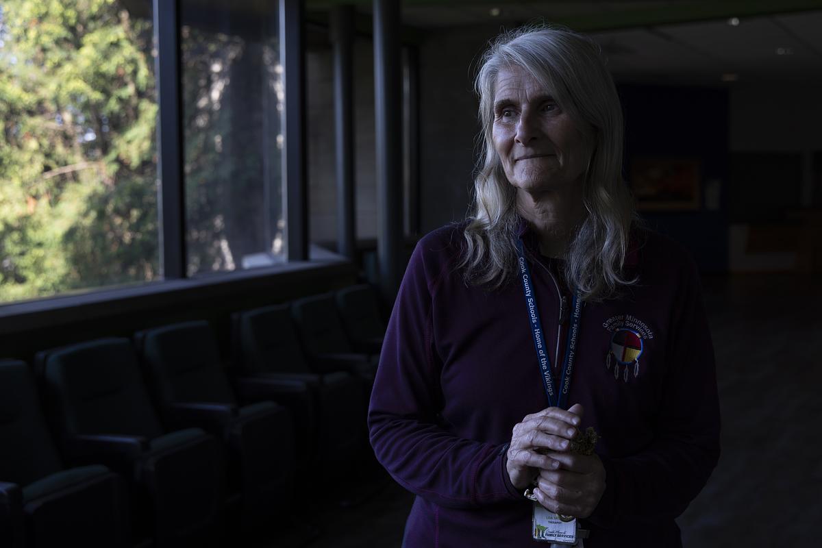 Lisa Sater, an Early Childhood Therapist and Clinical Supervisor for Greater Minnesota Family Services, stands at Cook County ISD 166,