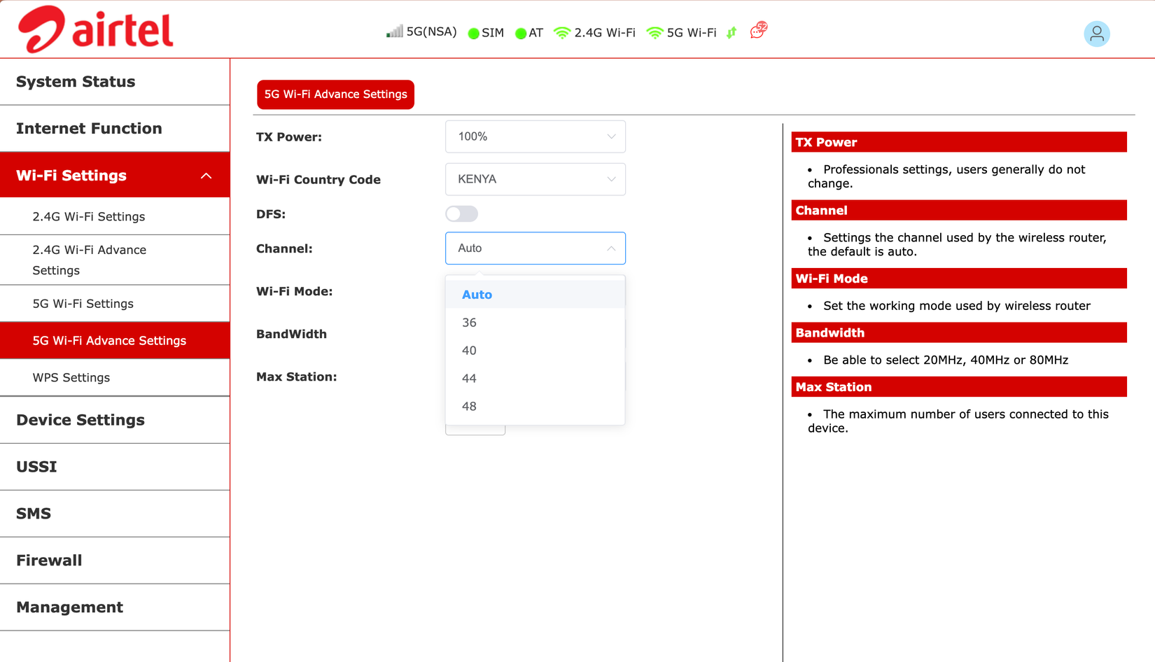 Airtel router admin panel showing different Wi-Fi channels to select from