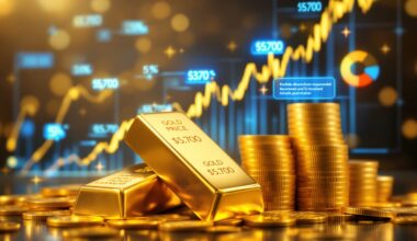 Gold bars and coins with stock chart.