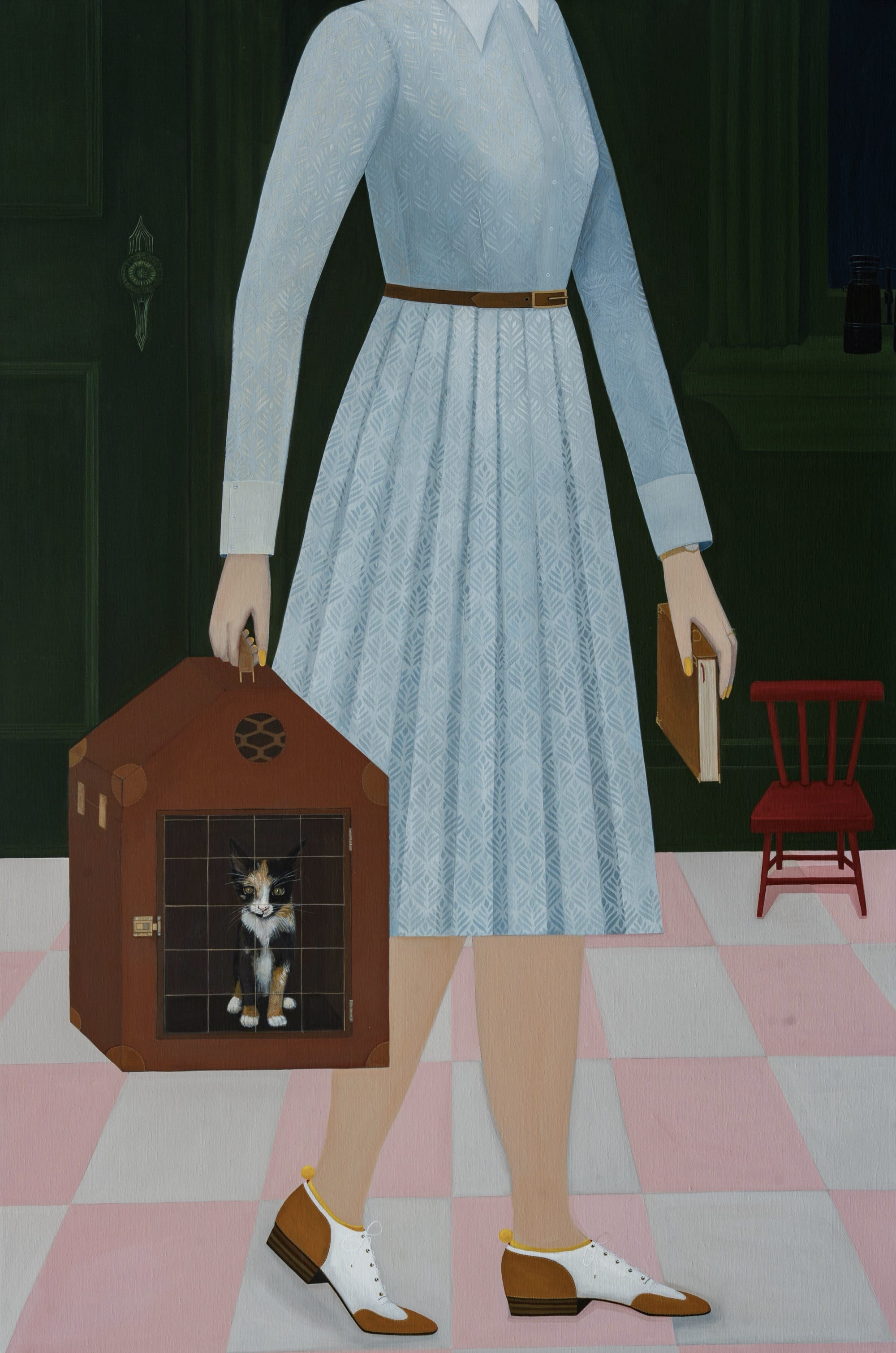a headless woman in a blue dress holds a brown cat carrier with a cat inside as she walks across pink and white tile in an Angela Burson painting