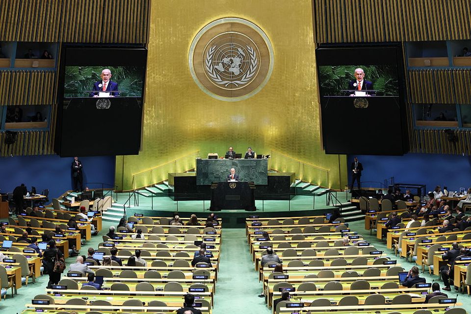Israeli Prime Minister Benjamin Netanyahu addresses the United Nations General Assembly. Photo by Michael M. Santiago/Getty