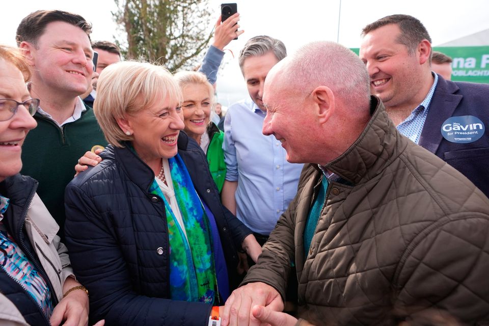 Presidential candidates Heather Humphreys and Jim Gavin speak to each other while canvassing at the National Ploughing Championships at Tullamore, Co  Offaly. Pic: Niall Carson/PA Wire