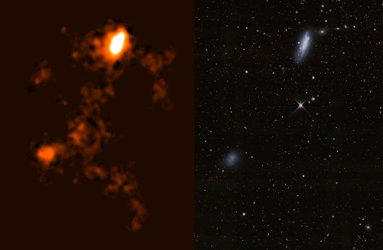 An image of red blobs and one of stars and galaxies.