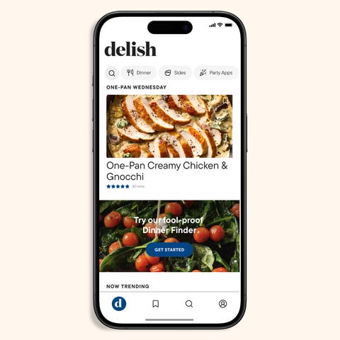 delish mobile app interface showcasing recipe and dinner finder promotion
