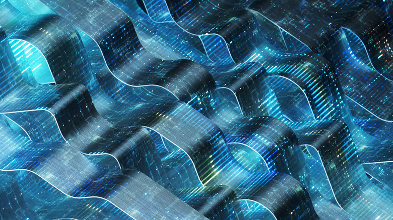 Multiple transparent wavy circuits with data flowing through them on a dark blue background.