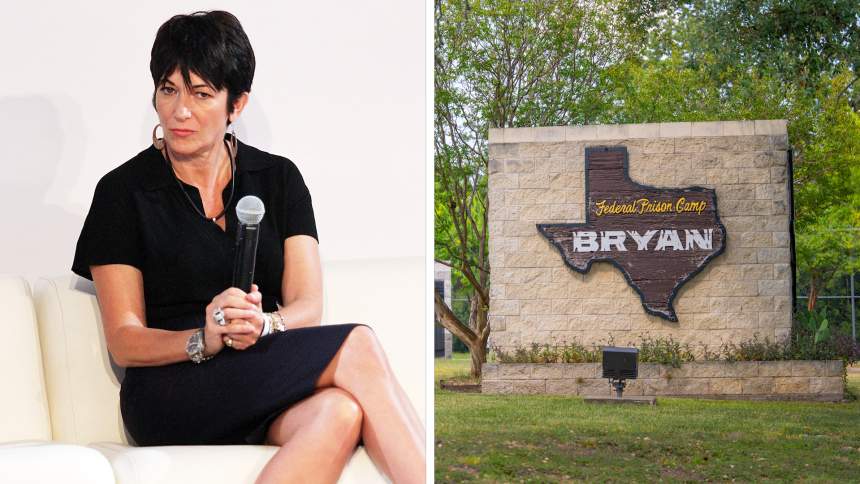 A photo of Ghislane Maxwell and a sign displayed near the entrance to Federal Prison Camp Bryan on August 1, 2025 in Bryan, Texas.