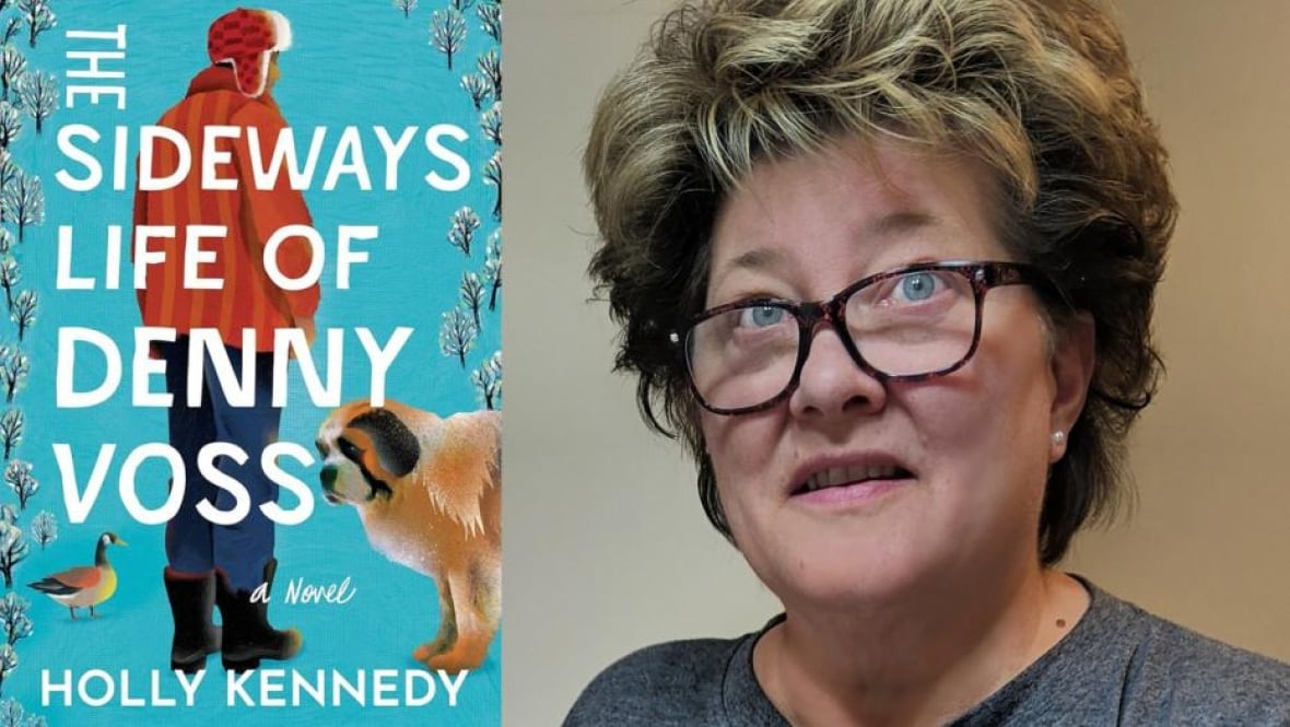 A book cover of a man and a Saint Bernard dog. A woman with short blonde hair and glasses.