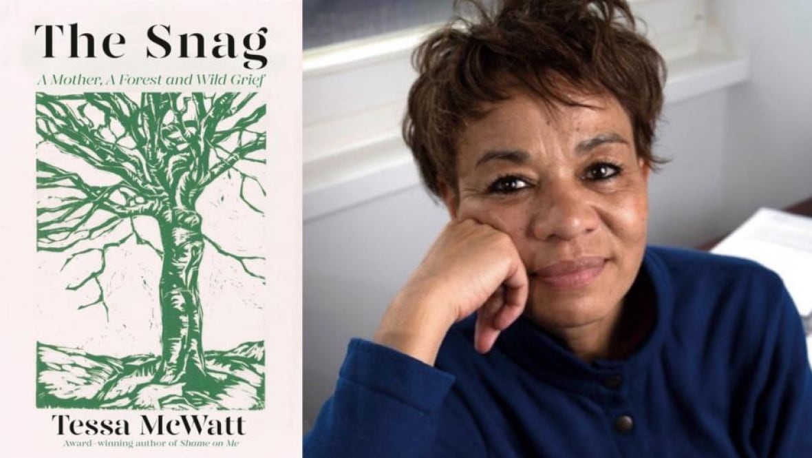 A composite image of a book cover that shows the imprint image of a green tree and on the right is a headshot photo of a woman with short black hair. 