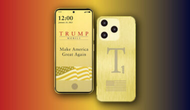 Trump's T1 phone against an orange and yellow background.
