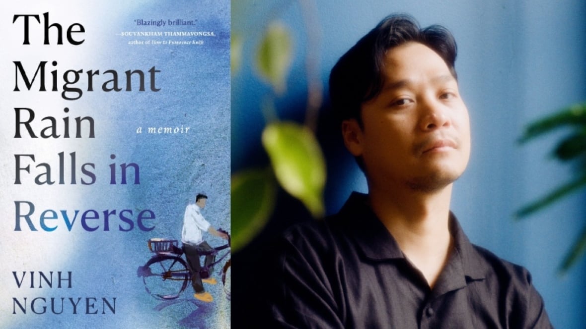 A blue and white book cover with an illustrated man on a bicycle, next to a headshot of a man in a black shirt, looking into the camera
