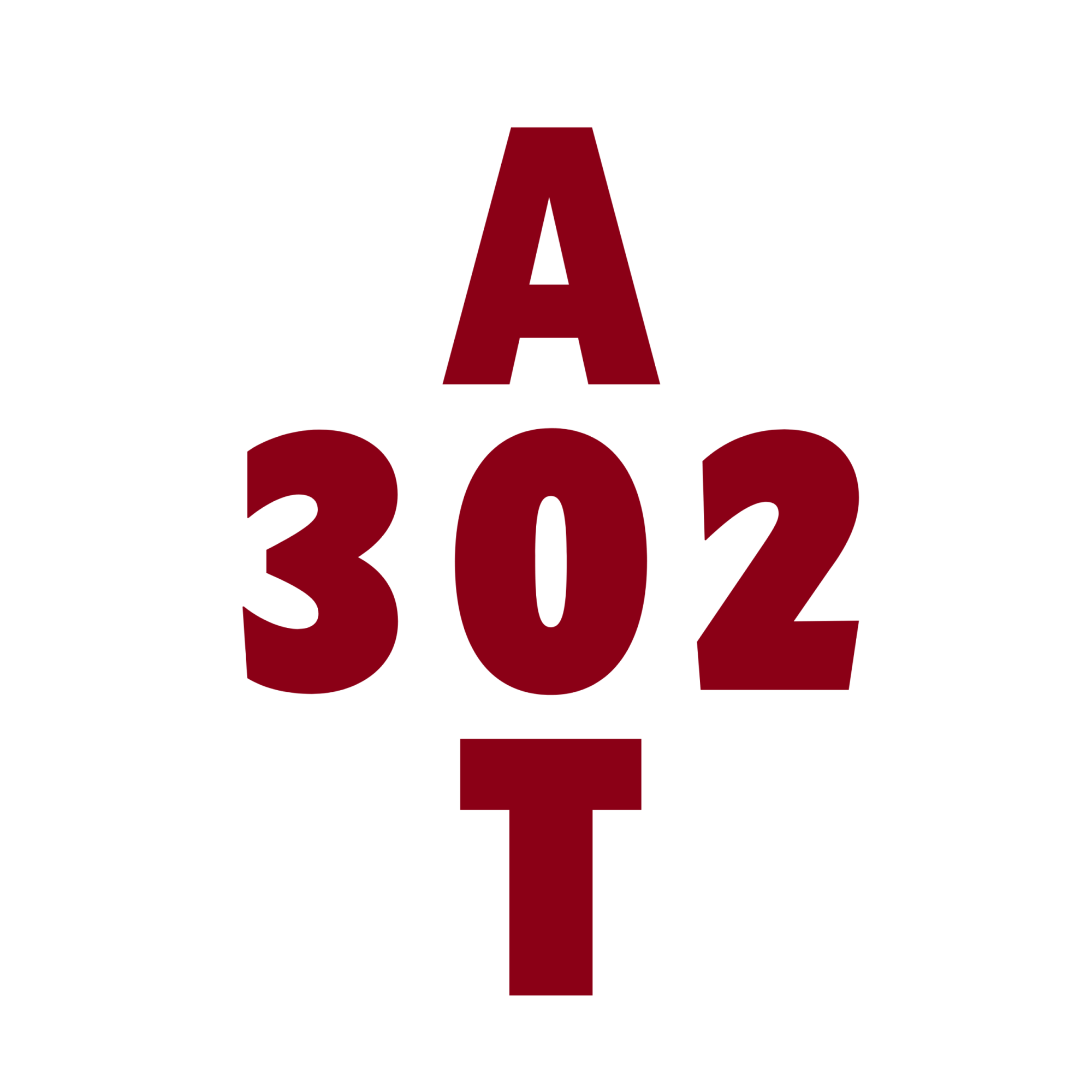 Large red letters "A" and "T" are positioned above and below the bold number "302" on a white background.