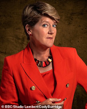 Claire Balding, 54, brings high fashion to the castle wearing a £500 orange double-breasted blazer from British designer Holland Cooper, a company for which she is an ambassador