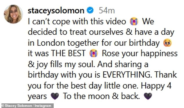 Stacey penned: 'I can¿t cope with this video. We decided to treat ourselves & have a day in London together for our birthday it was THE BEST'