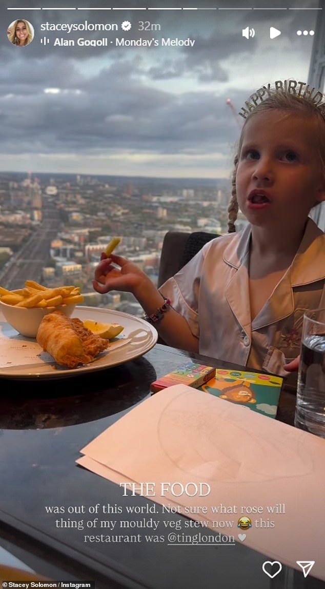 Stacey enjoyed a luxury dinner at the hotels Asian cuisine restaurant TING, where they sipped on beverages and Rose tucked into an £18 children's fish and chips