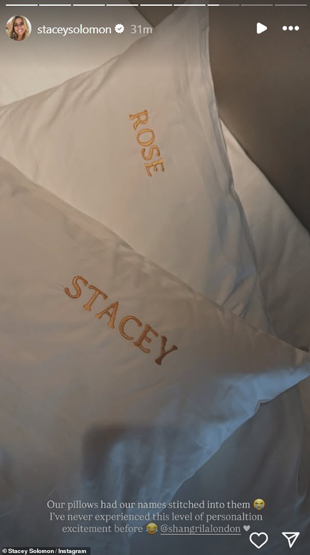 The BBC star, who shares her daughter with husband Joe Swash, revealed the pair had been treated to personalised pillows with their names stitched on them