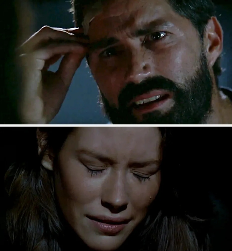 A man looks concerned, touching his forehead, while a woman appears emotional, her eyes closed