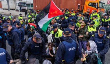 Garda public order unit physically remove Gaza protesters blocking Dublin Port amid major traffic disruption