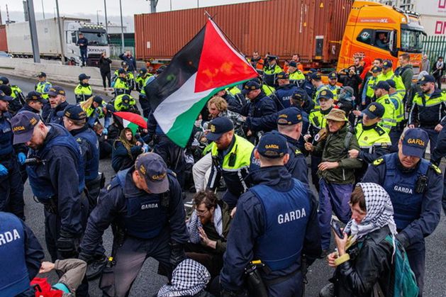 Garda public order unit physically remove Gaza protesters blocking Dublin Port amid major traffic disruption