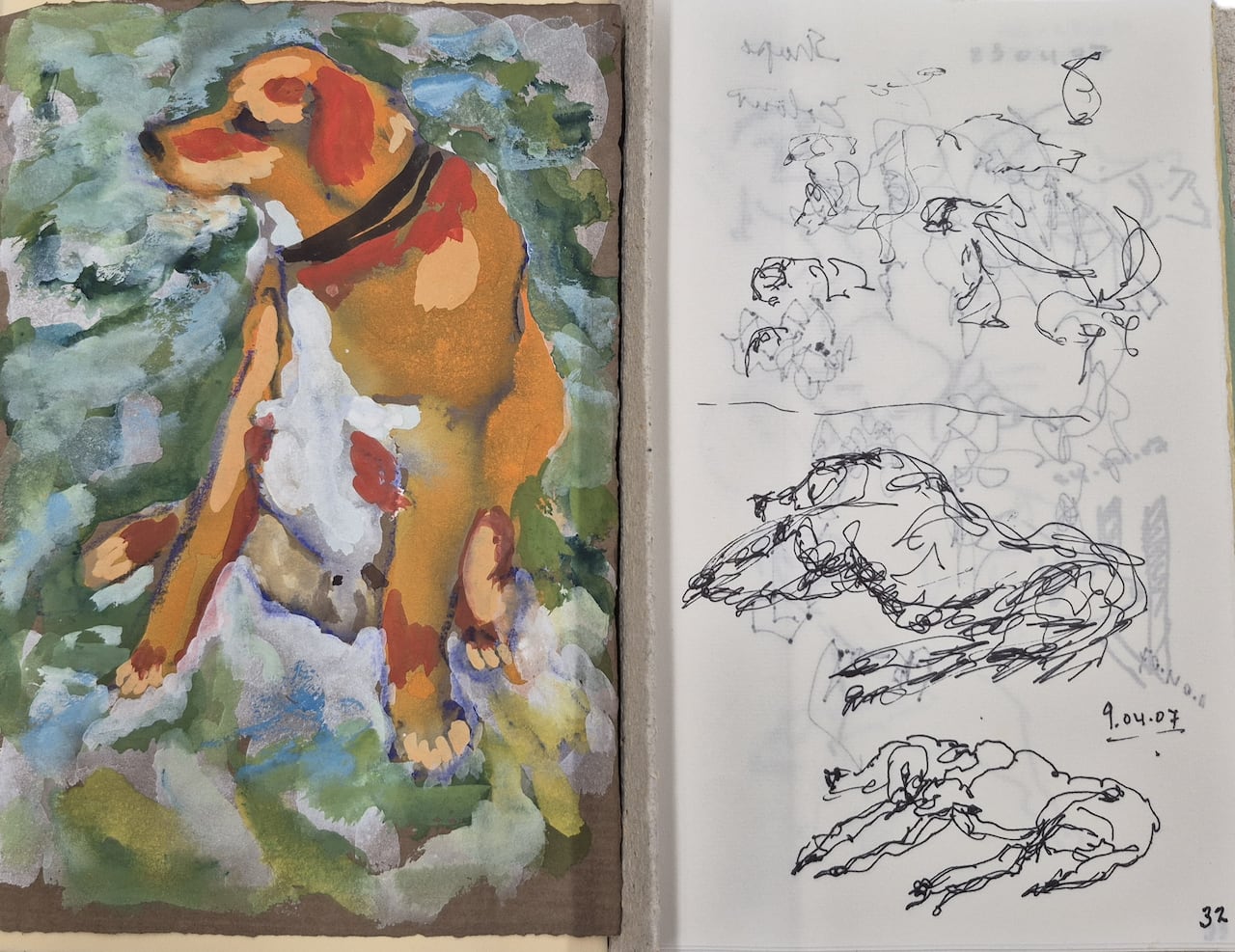 A sketch of a dog, painted.