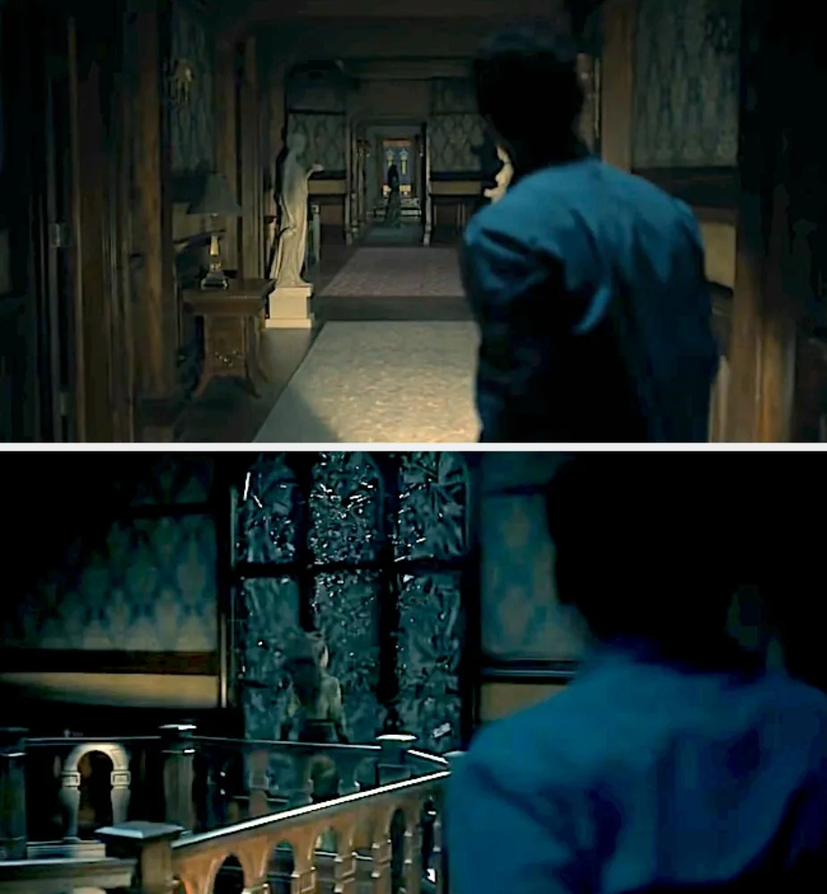 Scene from a thriller, a man in a hallway and balcony, both scenes suggest suspense and tension