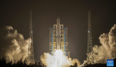A Long March-5 rocket carrying a new communication technology test satellite blasts off from Wenchang Space Launch Site in south China