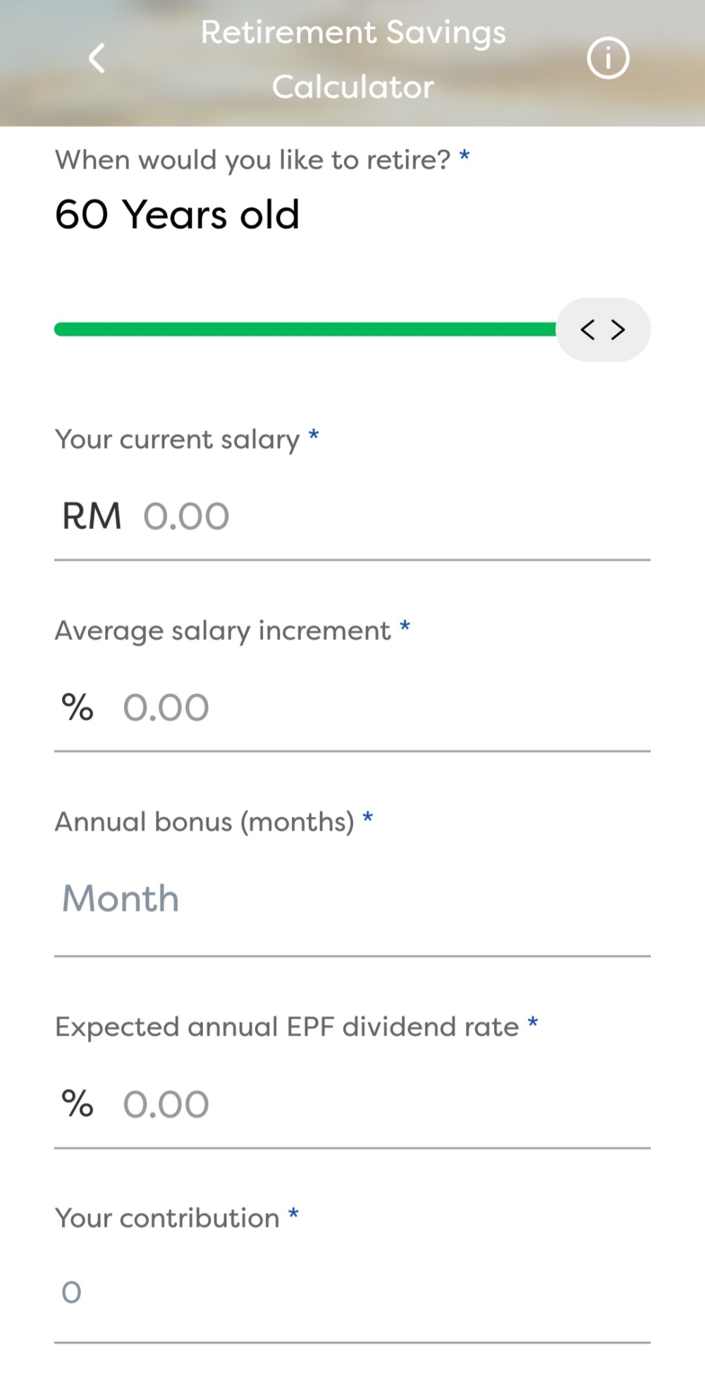 A screenshot of the i-Akaun app’s retirement savings calculator. 
