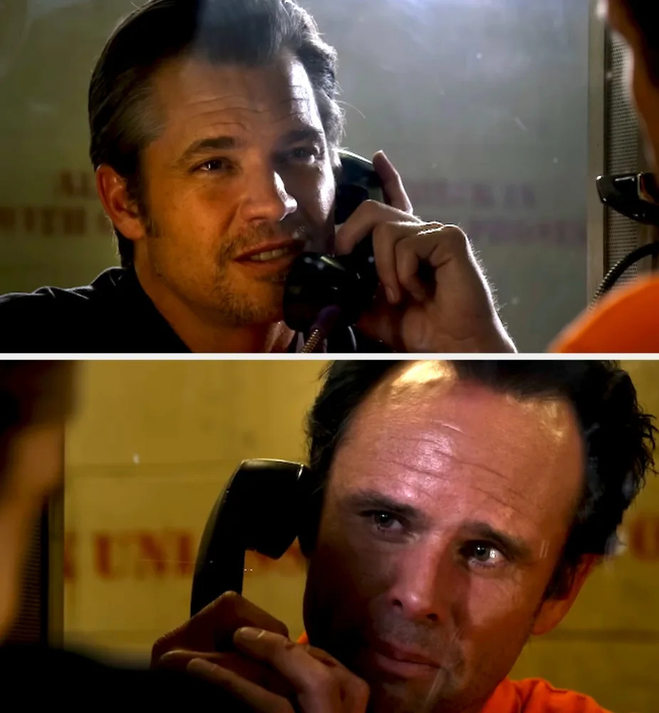 Two scenes from a TV drama: Top, a man speaks into a phone at a prison visit; bottom, another man listens, also holding a phone