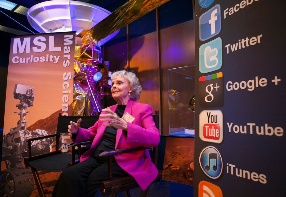 Actress June Lockhart addresses bloggers at Nasa’s social media event at the Jet Propulsion Laboratory in Pasadena, California (Damian Dovarganes/AP)
