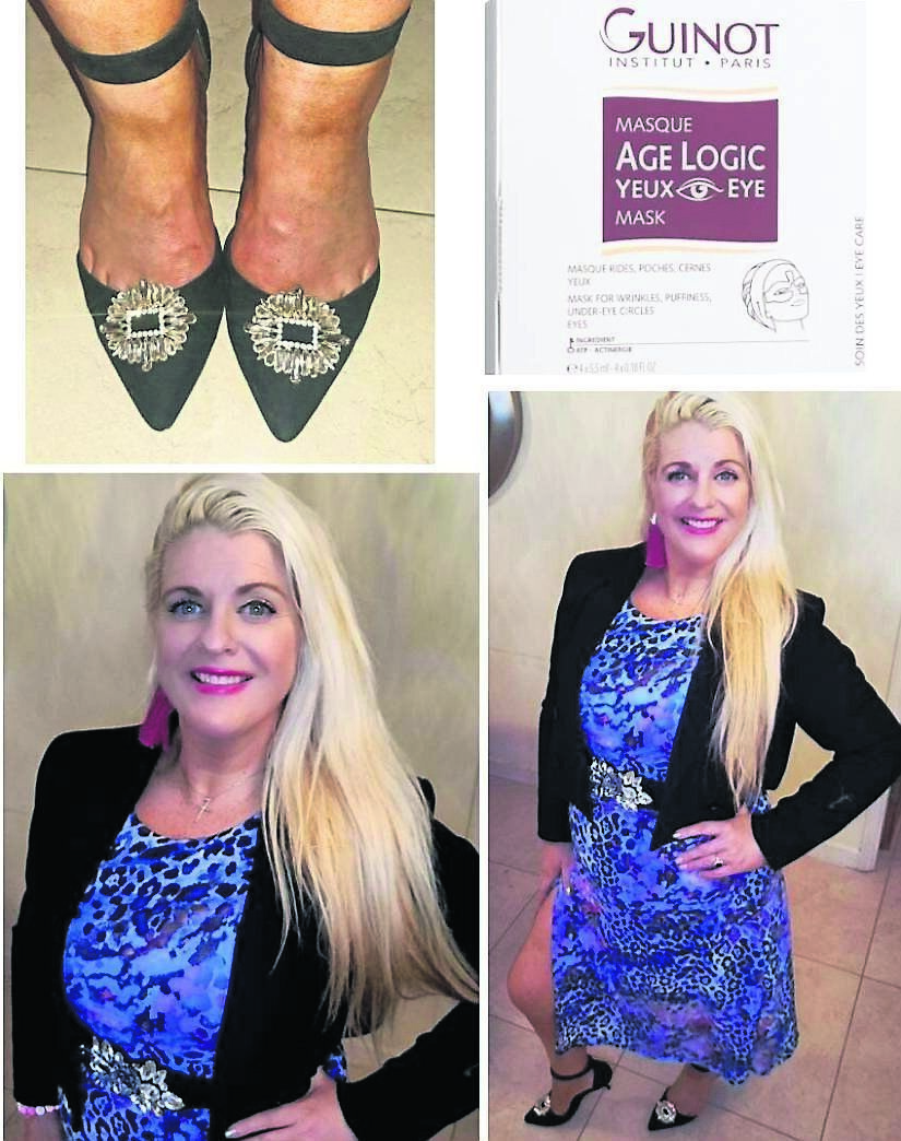 Emer O’Callaghan wearing a dress from Ruby Rouge Boutique, blazer and heels are New Look, diamond shoe clips, belt, and earrings all from Stone Mad, Kinsale. Also pictured is Product of the Week, Guinot Sheet Eye Masks, a box of four sachets for €56, available at Emerald Beauty Clinic