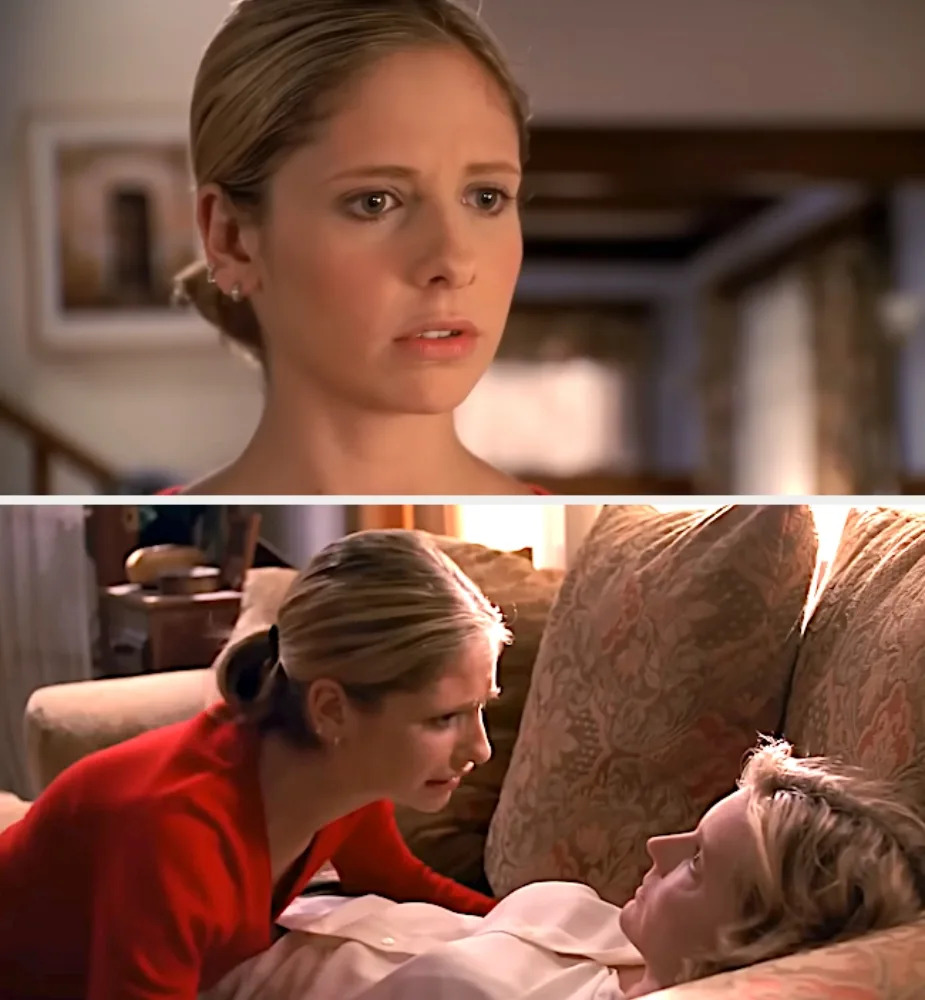 Two scenes of a young woman in an emotional confrontation with another woman lying on a couch
