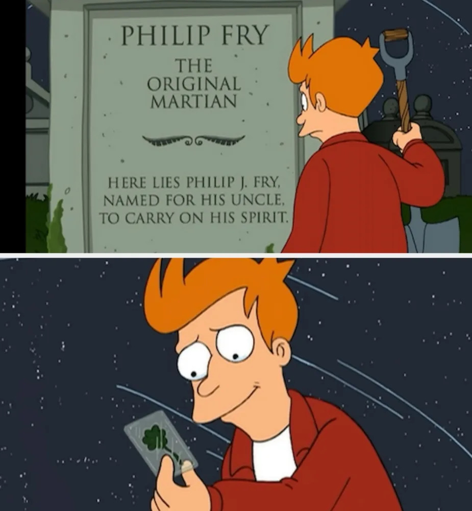 Animated character Fry reads a tombstone inscribed with his name, then looks at a fossilized four-leaf clover in a transparent case