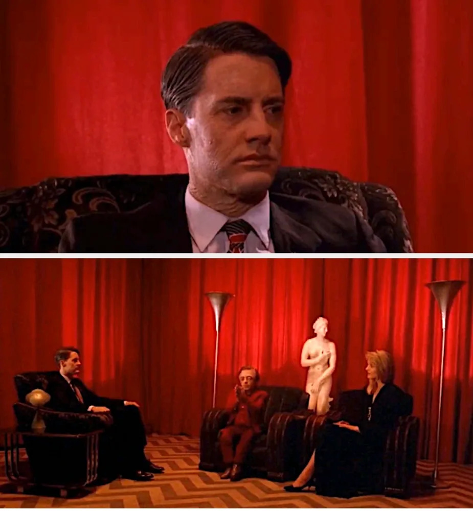 Scene from "Twin Peaks" with characters sitting in a surreal red room, featuring a statue and iconic zigzag floor pattern
