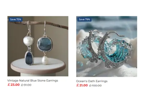 Scarlett Jewels Two website listings of jewellery. One set of earrings features blue stones and white stones, while the other set appears like waves made from a blue material and a silver metal. The images could have been generated by AI. The prices are crossed out with other much lower prices in red font next to them.