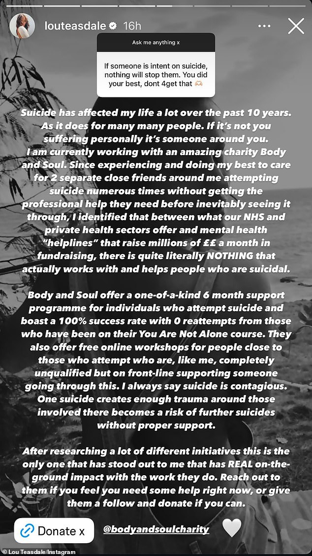 After setting up an Ask Me Anything, Lou responded to a fan commenting: 'If someone is intent on suicide, nothing will stop them. You did your best, dont 4get that [sic]'