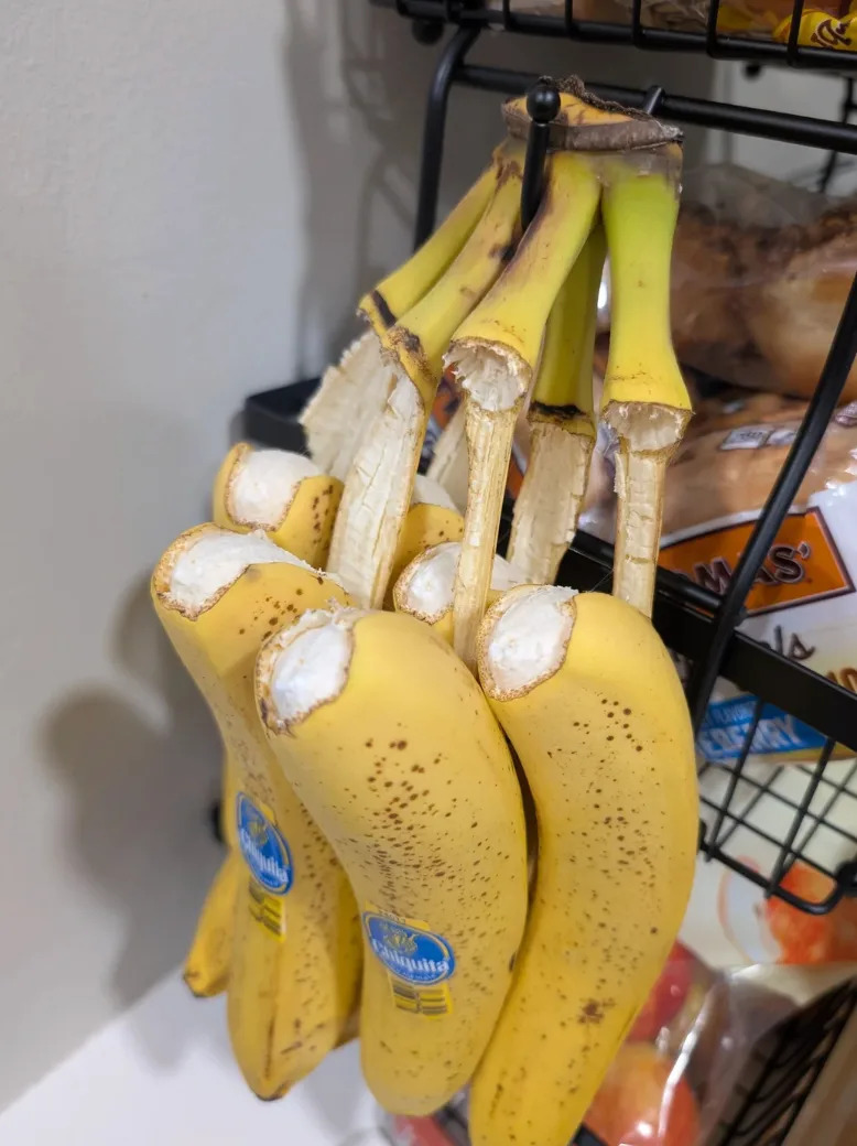 Bananas peeled slightly at the top, displayed on a kitchen rack with packaged bread and fruit in the background