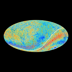 Two Cosmic Microwave Background anomalous features hinted at by Planck's predecessor, NASA's Wilkinson Microwave Anisotropy Probe (WMAP), are confirmed in the new high precision data from Planck. One is an asymmetry in the average temperatures on opposite hemispheres of the sky (indicated by the curved line). This runs counter to the prediction made by the standard model that the Universe should be broadly similar in any direction we look. There is also a cold spot that extends over a patch of sky that is much larger than expected (circled). In this image the anomalous regions have been enhanced with red and blue shading to make them more clearly visible. Credit: ESA