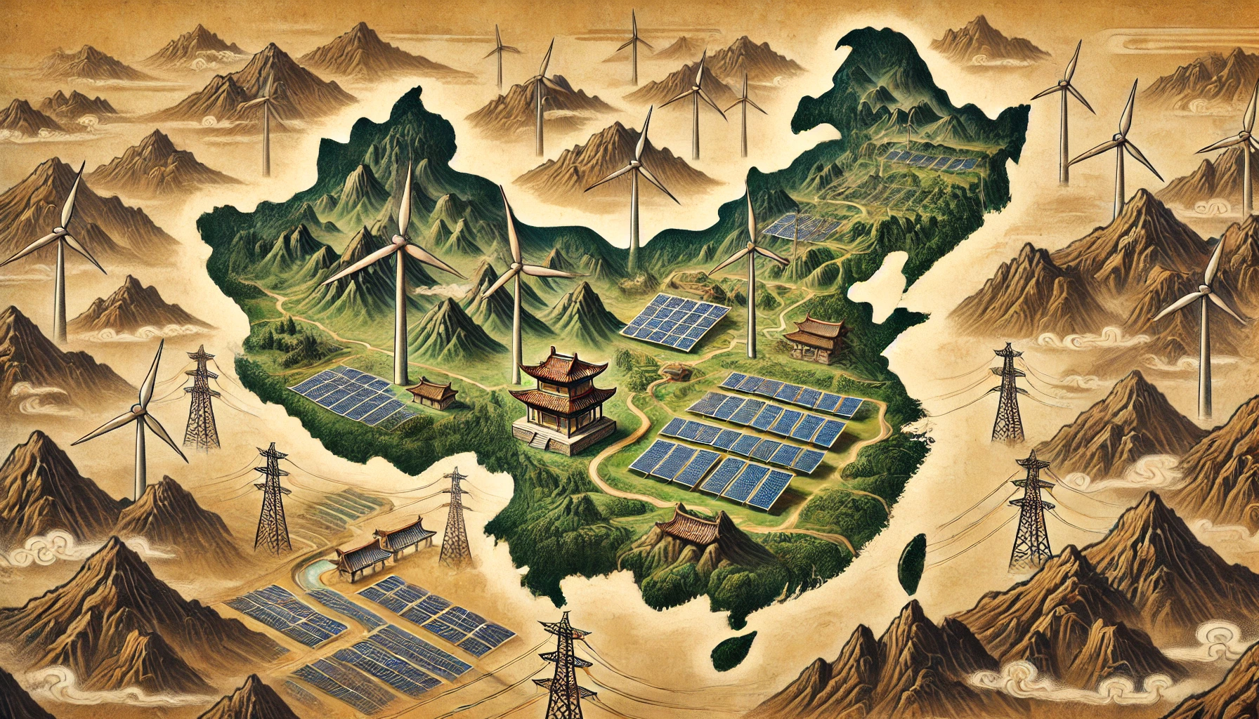 ChatGPT generated panoramic image of a map of China covered in solar panels, wind turbines and transmission lines in the style of ancient Chinese paintings
