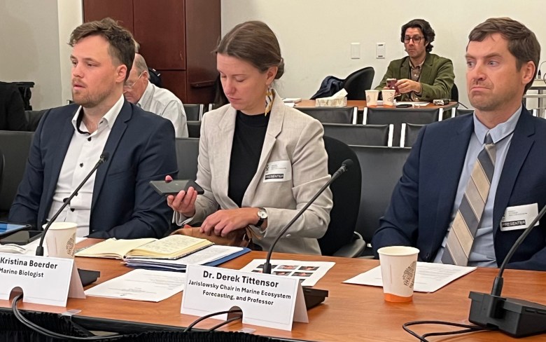 Three middle aged white academics (from left to right, a man, woman, and another man) sit at a pale wooden table, small black microphones and paper cups in front of them along with placards showing their names and titles.