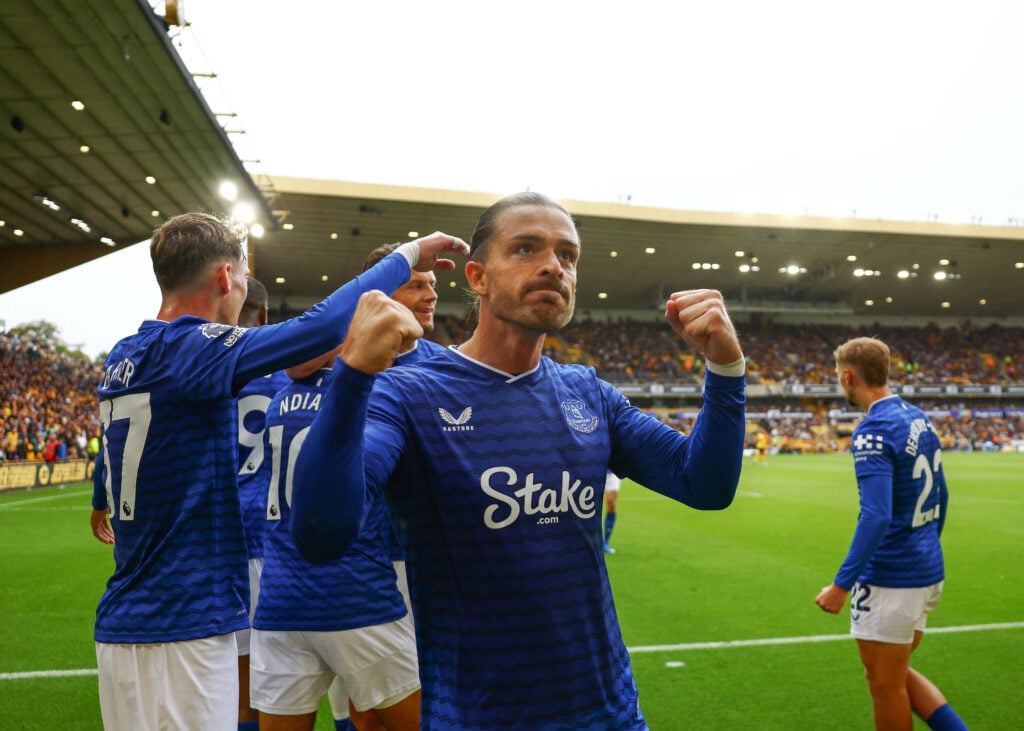 Everton winger Jack Grealish celebrates against Wolves