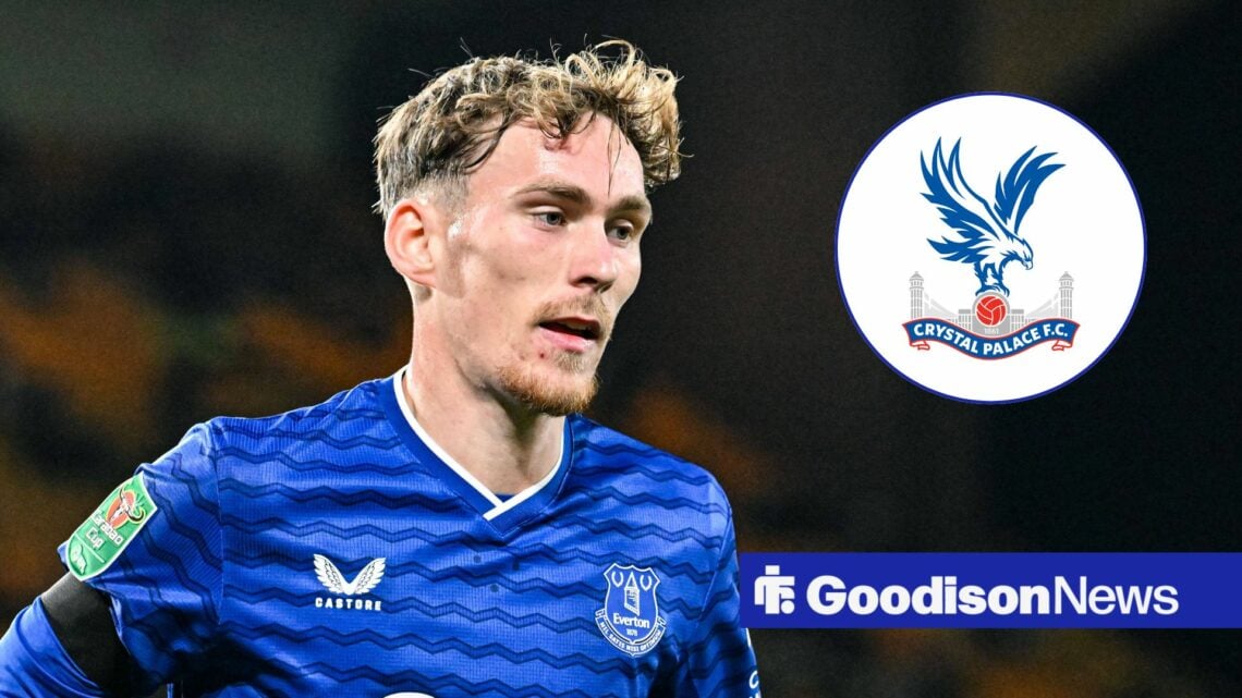 Everton star James Garner looking challenged, Crystal Palace badge in inset.