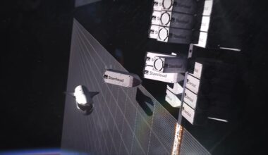 An illustration showing a data center in space with various white modules of servers