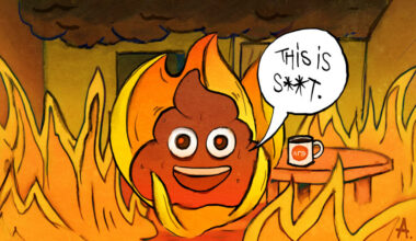 A flaming poop in a room on fire saying "This is s**t" with an Ars coffee mug sitting on a table