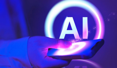 a hand scrolling on a phone with an AI neon logo on the background