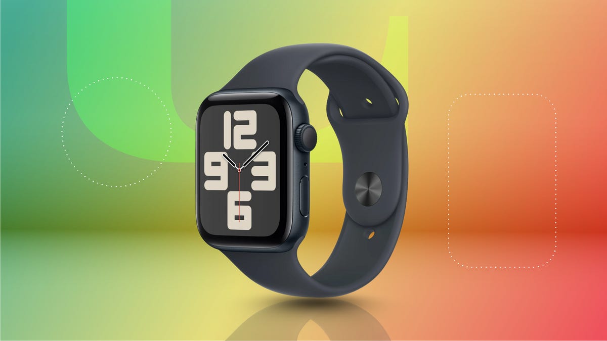 The Apple Watch SE is displayed against a gradient green, yellow and red background.