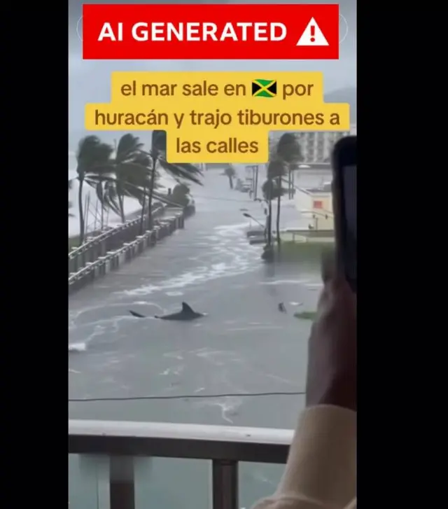 Screenshot of a AI-Generated video of a shark swimming in floodwater