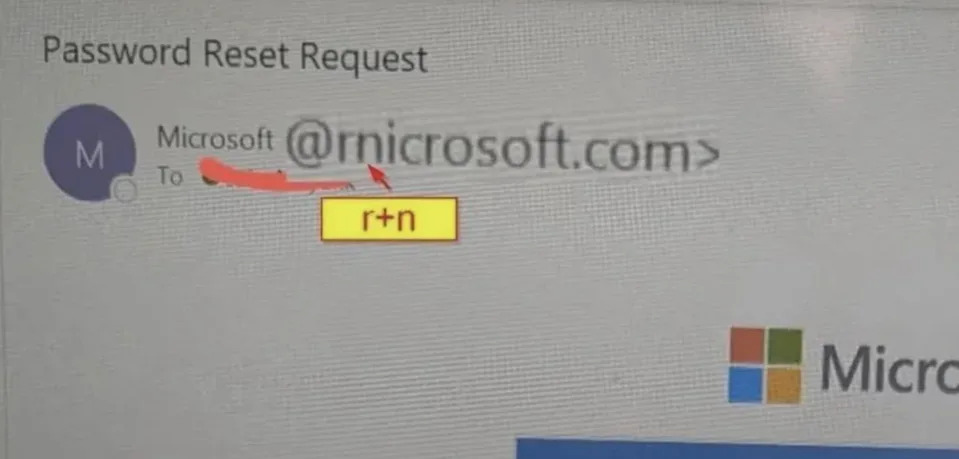 Image of a password reset request email with a suspicious sender address that appears to mimic Microsoft's domain