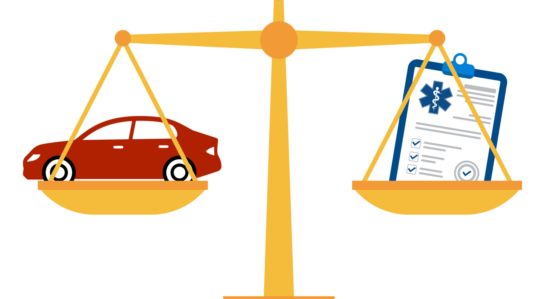 A vector illustration of a balance scale with a red car in the right pan and a document on a clipboard representing health insurance in the right pan.
